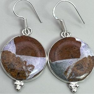 New Round Jasper Stone Silver Hook Earrings